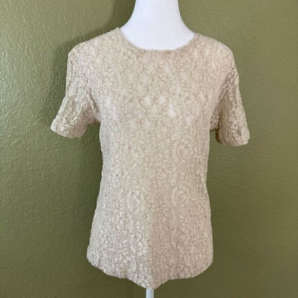 Vintage Victoria Secret Women’s M White Label Cream Tan Lace Short Sleeve Top - Picture 1 of 5